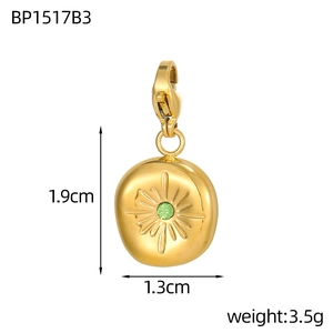 Detail of tarot heart pendant with green gem, 1.9cm height and 1.3cm width specs