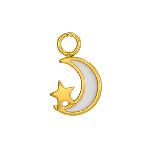 Detail of celestial moon and star charm in gold finish with white enamel for DIY jewelry
