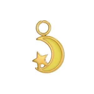 Detail shot of a crescent moon and star gold pendant with lobster clasp and enamel fill