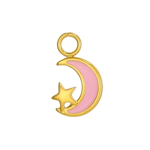 Detail of pink enamel moon and star charm pendant with gold plating for jewelry DIY