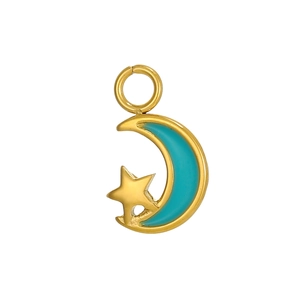 Detailed view of a gold-plated crescent moon and star charm with turquoise enamel inlay