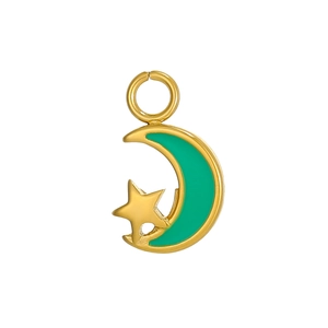 Detail of moon and star gold pendant with emerald green enamel and lobster clasp