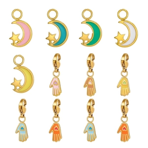 Enameled celestial moon star and Hamsa hand charms with lobster clasps in gold-plated steel
