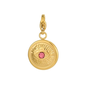 Detail of a golden Evil Eye pendant with a pink crystal inlay and a sturdy lobster clasp