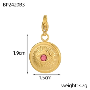 Detailed dimensions of gold evil eye pendant with pink stone and lobster clasp
