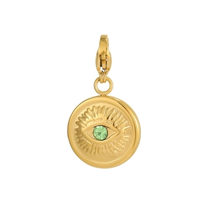 Macro detail of golden Evil Eye pendant with green crystal stone and lobster clasp