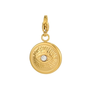 Detailed view of a gold stainless steel Evil Eye pendant with clear zircon and lobster clasp