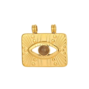 Detailansicht goldener rechteckiger Augenanhänger mit braunem Naturstein-Inlay