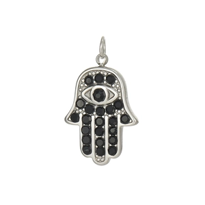 Macro view of silver Hamsa Hand pendant with micro-pave black cubic zirconia stones