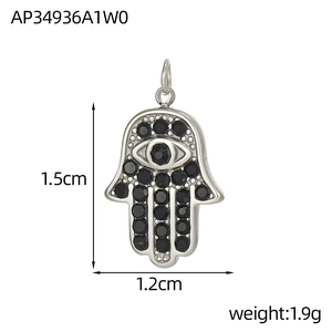 Baroque Hamsa Hand pendant in stainless steel with micro-paved black cubic zirconia