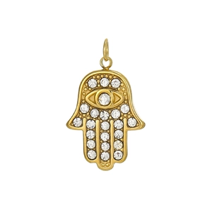 Detail of gold-plated Hamsa hand pendant with micro-paved white zircon stones