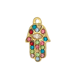 Macro shot of Hamsa hand pendant with colorful zircons and marquise crystal detail