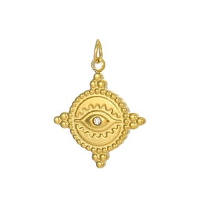 Macro detail of gold evil eye pendant featuring a clear zircon center and beaded edges