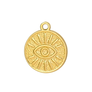 Detailed close-up of golden stainless steel palm evil eye pendant with relief pattern