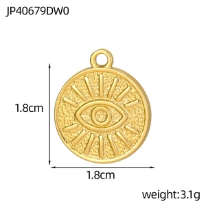 Detail of 1.8cm stainless steel evil eye pendant with cubic zirconia and gold plating