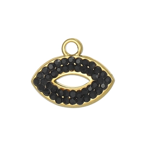 Macro shot of gold stainless steel eye pendant with pave-set black cubic zirconia stones