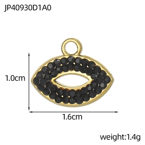 Detail view of lip-shaped pendant with gold plating, black zircon inlay and size specs