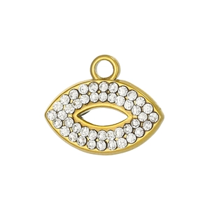 Macro detail of gold stainless steel devil eye pendant with micro-set colorful zircons