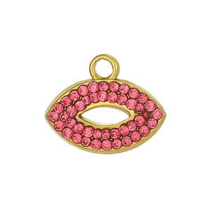 Detailed macro view of a gold-plated lip charm with pavé-set pink crystals for jewelry DIY