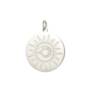 Detail of stainless steel evil eye pendant with engraved sunburst and matte texture