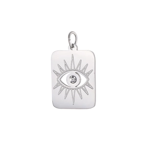 Macro detail of silver stainless steel rectangular Evil Eye pendant with cubic zirconia