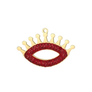 Macro view of gold plated crown evil eye pendant with micro paved red zircons