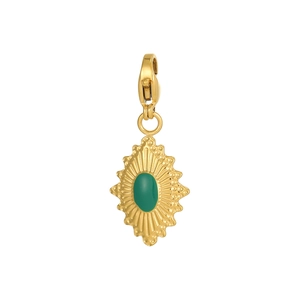 Macro shot of gold stainless steel sunburst pendant with green stone and lobster clasp
