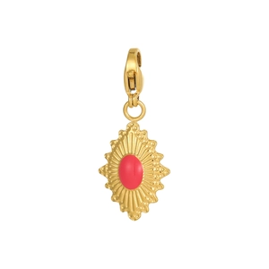 Macro detail of gold stainless steel irregular diamond pendant with red enamel eye and clasp