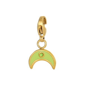 Detail of moon-shaped pendant with light green enamel and lobster clasp in gold finish