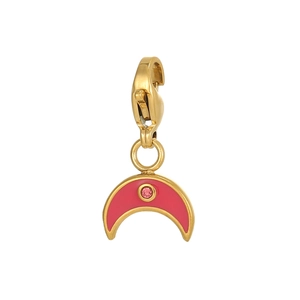 Detailed close-up of a gold-tone crescent moon pendant with pink enamel and lobster clasp