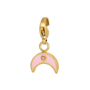Detailed view of a gold moon pendant with pink enamel and lobster clasp fastener