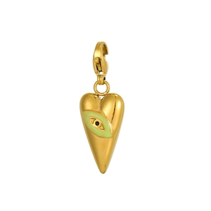 Macro view of gold heart pendant featuring a green enamel evil eye and lobster clasp