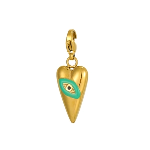 Detail of heart-shaped gold pendant with green enamel evil eye and lobster clasp