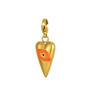 Detail of a gold heart-shaped charm with a lobster clasp and orange evil eye design