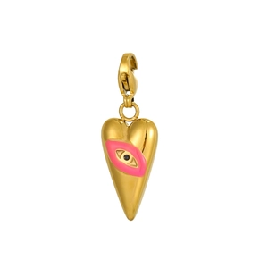 Detailed view of heart-shaped gold pendant with pink evil eye enamel and lobster clasp