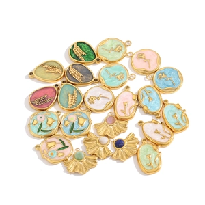 Set of gold-plated stainless steel flower pendants with enamel tulips and rose motifs