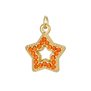 Macro shot of gold star-shaped pendant with orange zircons and top hanging loop detail