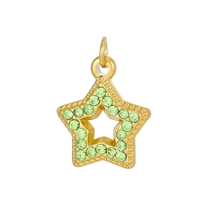 Detailed close-up of a gold star pendant featuring micro-paved green cubic zirconia