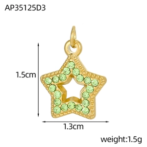 Macro view of gold star pendant with green zircons and measurement specifications