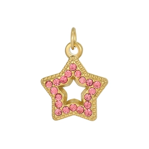Macro detail of star pendant with pink zirconia stones and golden metal plating