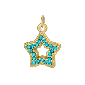 Detail of star-shaped pendant with gold plating and blue cubic zirconia accents