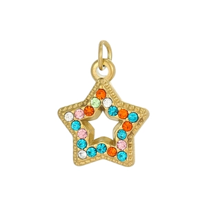 Detailed macro view of gold star pendant with multi-color rhinestones and hollow center
