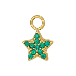 Macro view of gold-plated star charm with micro-set green cubic zirconia stones