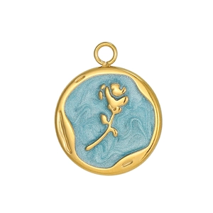 Detailed macro view of the round golden rose flower pendant with light blue enamel finish