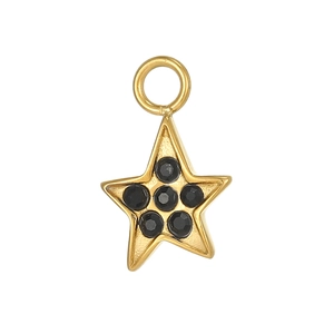 Macro shot of gold five-pointed star pendant with inlaid black zircons and loop