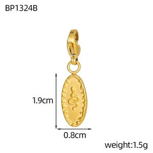 Detailed view of golden stainless steel oval pendant with snake motif and lobster clasp