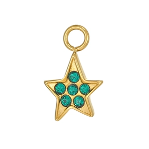 Macro detail of a gold star pendant featuring five green micro-pave zircon crystals