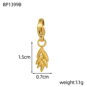Detailed view of a gold-plated stainless steel leaf charm with dimensions 1.5cm by 0.7cm