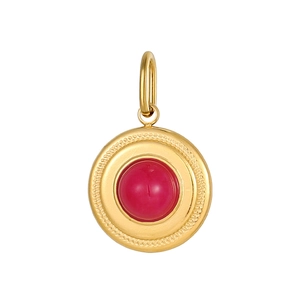 Detail view of retro gold round pendant with micro-set red stone and rope edge texture