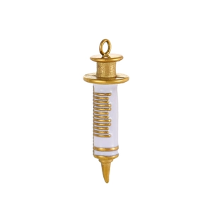 Detailed close-up of a gold-plated syringe pendant with white enamel drip oil finish